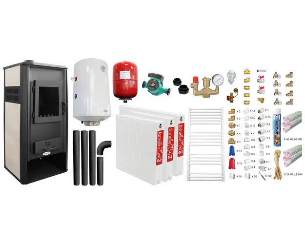 Pachet incalzire si apa calda pentru 2 camere Termosemineu pe lemne, brichete si carbune Fornello Roma E, Ivory, 22 kW, 49x45x103 cm, teava PPR si fitinguri, boiler termoelectric 100l, vas expansiune, pompa circulatie, kit evacuare, calorifere si kit