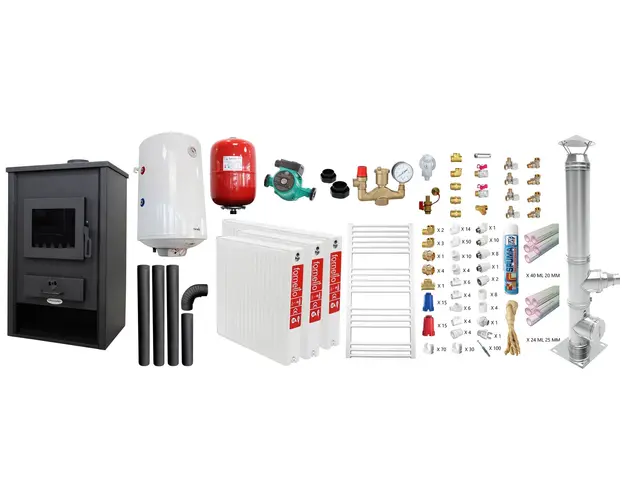 Pachet incalzire si apa calda pentru 2 camere Termosemineu pe lemne, brichete si carbune Fornello Padova E, 19.4 kW, 510x500x910 mm, cos inox, teava PPR si fitinguri, boiler termoelectric 80l, vas expansiune, pompa circulare, calorifere si kit montaj