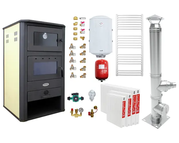 Pachet incalzire si apa calda pentru 3 camere Termosemineu pe lemne, brichete si carbune Fornello MILANO E, 24 KW, cuptor, Ivory, 580x560x1060 mm, cos inox, boiler termoelectric 100l, vas expansiune, pompa circulatie, calorifere si kit montaj