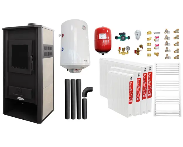 Pachet incalzire si apa calda pentru 3 camere Termosemineu pe lemne, brichete si carbune Fornello Roma E, Ivory, 22 kW, 49x45x103 cm, boiler termoelectric 100l, vas expansiune, pompa circulatie, kit evacuare, calorifere si kit montaj