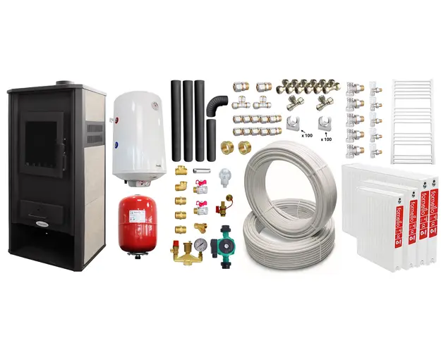 Pachet incalzire si apa calda pentru 3 camere Termosemineu pe lemne, brichete si carbune Fornello Roma E, Ivory, 22 kW, 49x45x103 cm, teava, boiler termoelectric 100l, vas expansiune, pompa circulatie, kit evacuare, calorifere si fitingu