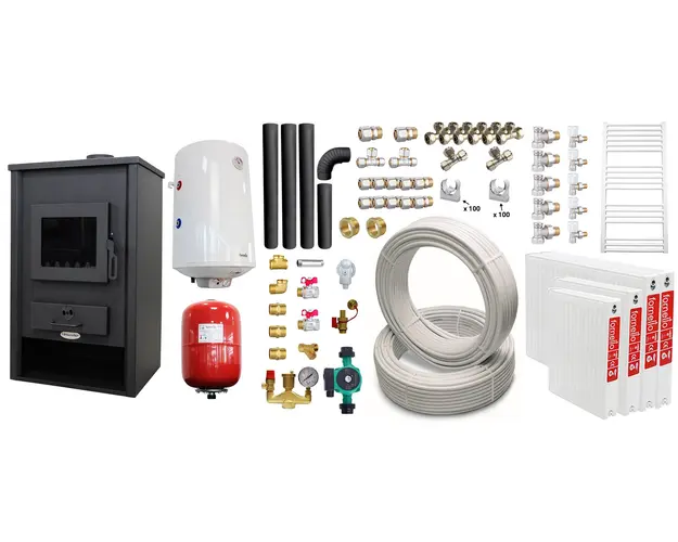 Pachet incalzire si apa calda pentru 3 camere Termosemineu pe lemne, brichete si carbune Fornello PADOVA E, 19.4 kW, 510x500x910 mm, boiler termoelectric 80l, teava, vas expansiune, pompa circulare, calorifere, kit evacuare si fitinguri