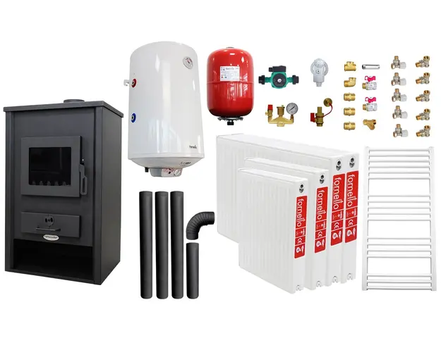 Pachet incalzire si apa calda pentru 3 camere Termosemineu pe lemne, brichete si carbune Fornello PADOVA E, 19.4 kW, 510x500x910 mm, boiler termoelectric 80l, vas expansiune, pompa circulare, calorifere, kit evacuare si kit montaj