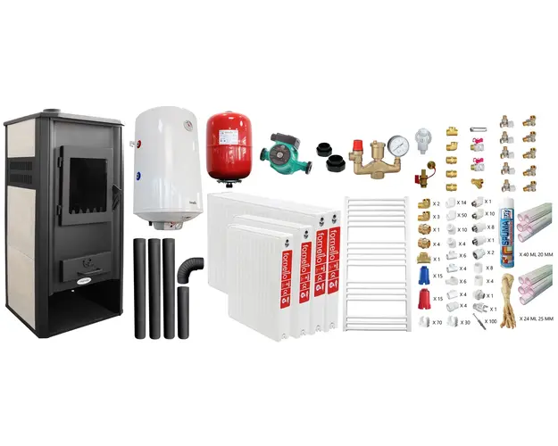 Pachet incalzire si apa calda pentru 3 camere Termosemineu pe lemne, brichete si carbune Fornello Roma E, Ivory, 22 kW, 49x45x103 cm, teava PPR si fitinguri, boiler termoelectric 100l, vas expansiune, pompa circulatie, kit evacuare, calorifere si kit