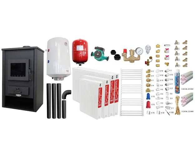 Pachet incalzire si apa calda pentru 3 camere Termosemineu pe lemne, brichete si carbune Fornello PADOVA E, 19.4 kW, 510x500x910 mm, teava PPR si fitinguri, boiler termoelectric 80l, vas expansiune, pompa circulare, calorifere, kit evacuare si kit mo