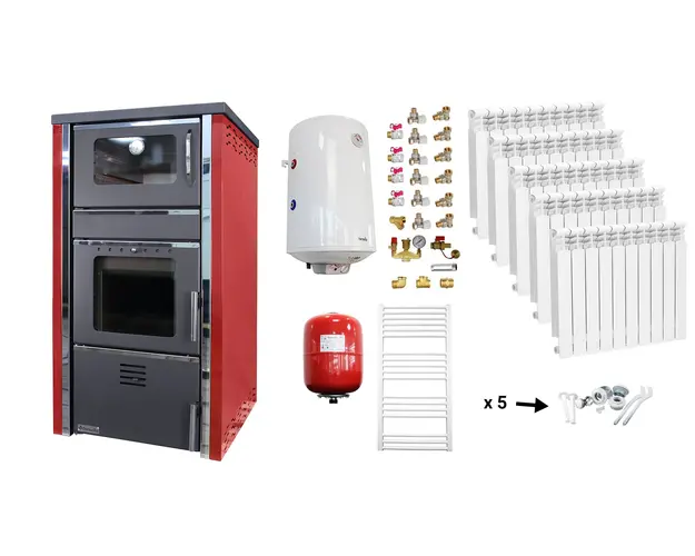 Pachet incalzire si apa calda Termosemineu FORNELLO AVANOS 32 kw Red pe combustibil solid ( lemn,carbune,bricheti ), calorifere aluminiu, boiler termoelectric 100l, vas expansiune si kit montaj