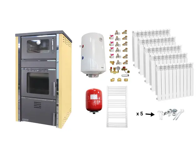 Pachet incalzire si apa calda Termosemineu FORNELLO AVANOS 32 kw Ivory pe combustibil solid ( lemn,carbune,bricheti ), calorifere aluminiu, boiler termoelectric 100l, vas expansiune si kit montaj