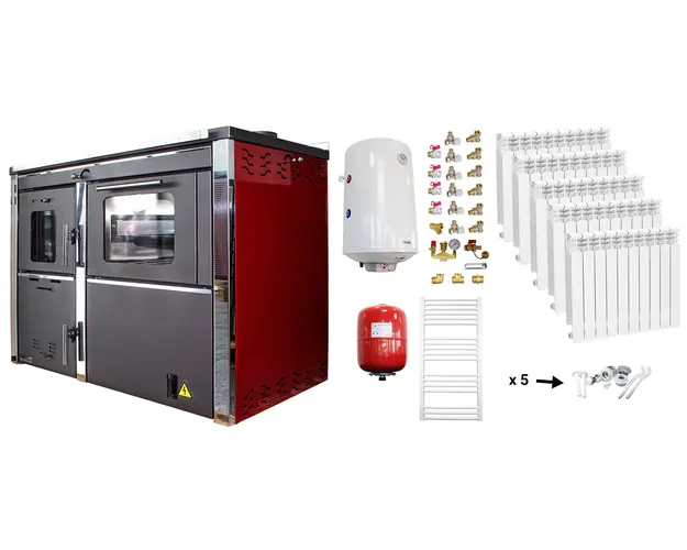 Pachet incalzire si apa calda Termosemineu FORNELLO STAR Red 34 kw pe combustibil solid, echipat cu pompa de circulare, calorifere aluminiu, boiler termoelectric 100l, vas expansiune si kit montaj