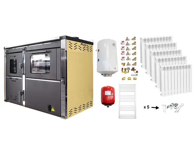 Pachet incalzire si apa calda Termosemineu FORNELLO STAR CREAM 34 kw pe combustibil solid, echipat cu pompa de circulare, calorifere aluminiu, boiler termoelectric 100l, vas expansiune si kit montaj