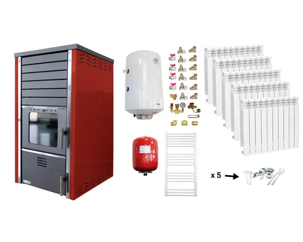 Pachet incalzire si apa calda Termosemineu FORNELLO SUPERNOVA RED 38 KW pe combustibil solid ( lemn,carbune,bricheti ), echipat cu pompa de circulare, calorifere aluminiu, boiler termoelectric 100l, vas expansiune si kit montaj