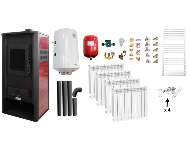 Pachet incalzire si apa calda Termosemineu pe lemne, brichete si carbune Fornello Roma E, Bordeaux, 22 kW, calorifere aluminiu, boiler termoelectric 100l, vas expansiune, pompa circulatie, kit evacuare kit montaj