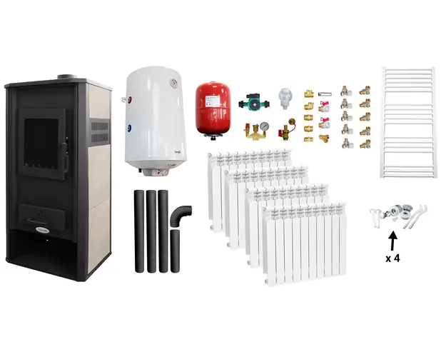 Pachet incalzire si apa calda Termosemineu pe lemne, brichete si carbune Fornello Roma E, Ivory, 22 kW, calorifere aluminiu, boiler termoelectric 100l, vas expansiune, pompa circulatie, kit evacuare kit montaj