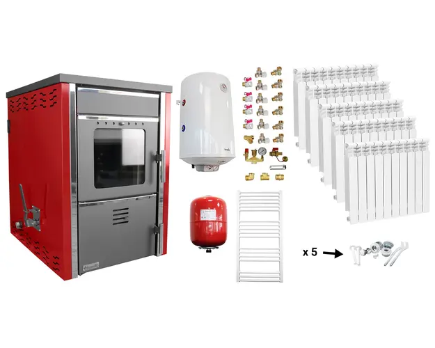 Pachet incalzire si apa calda Termosemineu pe lemne FORNELLO TOROS 29 kw Bordeaux pe combustibil solid ( lemn,carbune,bricheti ), calorifere aluminiu, boiler termoelectric 100l, vas expansiune si kit montaj
