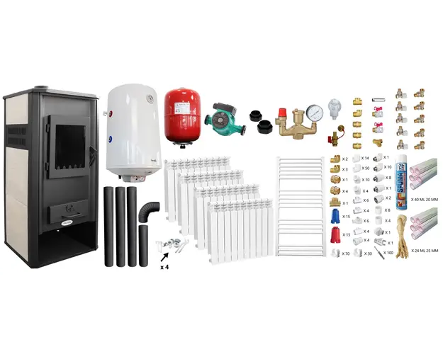 Pachet incalzire si apa calda Termosemineu pe lemne, brichete si carbune Fornello Roma E, Ivory, 22 kW, calorifere aluminiu, teava PPR si fitinguri, boiler termoelectric 100l, vas expansiune, pompa circulatie, kit evacuare kit montaj