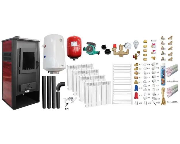 Pachet incalzire si apa calda Termosemineu pe lemne, brichete si carbune Fornello Roma E, Bordeaux, 22 kW, calorifere aluminiu, teava PPR si fitinguri, boiler termoelectric 100l, vas expansiune, pompa circulatie, kit evacuare kit montaj
