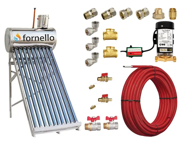 Pachet panou solar nepresurizat Fornello pentru producere apa calda, cu rezervor inox 82 litri, 10 tuburi vidate, vas flotor 5 litri, pompa ridicare presiune, teava hidronix si fitinguri montaj