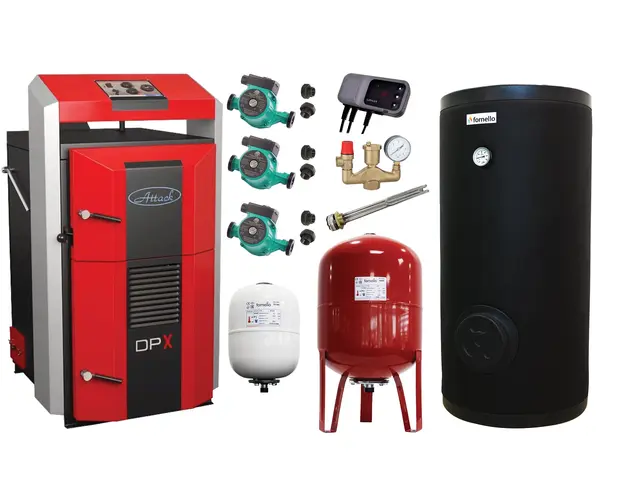 Pachet premium Cazan (centrala) pe combustibil solid, Attack DPX Standard cu gazeificare, 45 kW, boiler de sol cu rezistenta, 2 x vas expansiune, 3 x pompe circulare, controller pompa, grup siguranta si vana sts