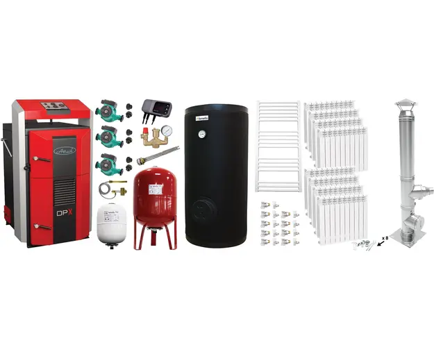 Pachet premium Cazan (centrala) pe combustibil solid, Attack DPX Standard cu gazeificare, 45 kW, calorifere aluminiu, cos inox, boiler de sol cu rezistenta, 2 x vas expansiune, 3 x pompe circulare, controller pompa, grup siguranta si vana sts