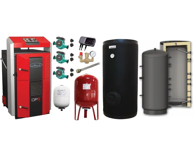Pachet premium Cazan (centrala) pe combustibil solid, Attack DPX Standard cu gazeificare, 45 kW, Puffer 1000 litri, boiler de sol cu rezistenta, 2 x vas expansiune, 3 x pompe circulare, controller pompa, grup siguranta si vana sts