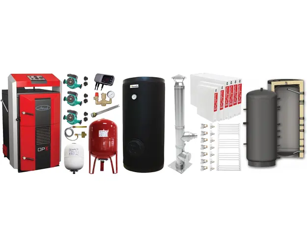 Pachet premium Cazan (centrala) pe combustibil solid, Attack DPX Standard cu gazeificare, 45 kW, Puffer 1000 litri, calorifere otel, cos inox, boiler, 2 x vas expansiune, 3 x pompe circulare, controller pompa, grup siguranta si vana sts