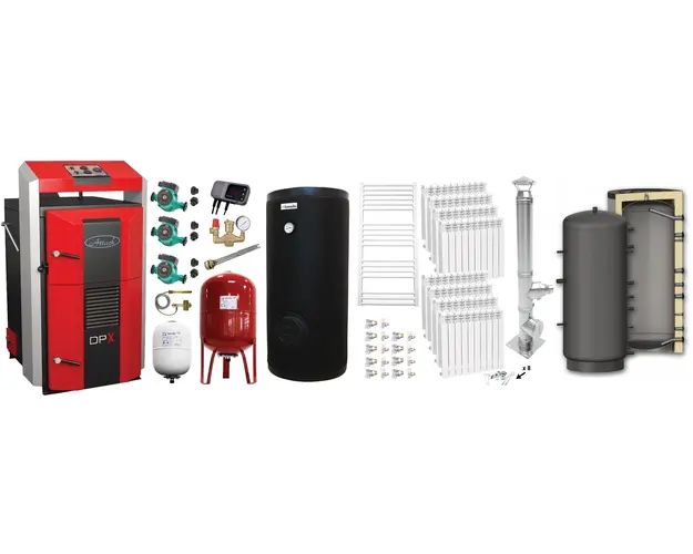 Pachet premium Cazan (centrala) pe combustibil solid, Attack DPX Standard cu gazeificare, 45 kW, Puffer 1000 litri, calorifere aluminiu, cos inox, boiler, 2 x vas expansiune, 3 x pompe circulare, controller pompa, grup siguranta si vana sts