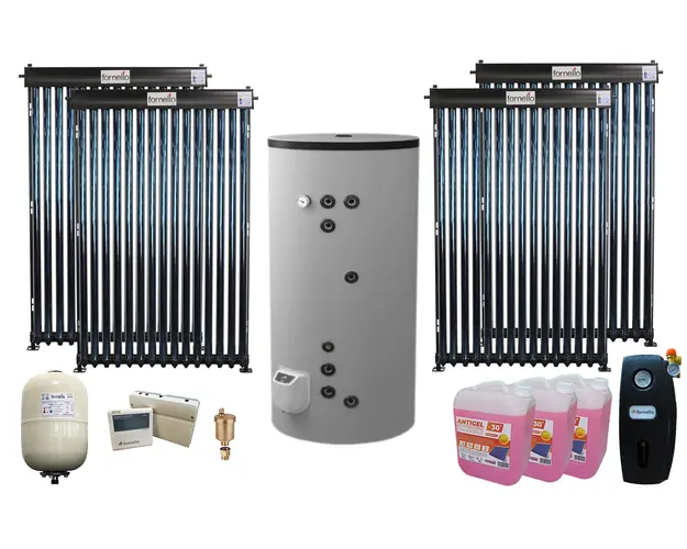 Pachet premium sistem solar presurizat, Fornello 4 x 15 Tuburi Heat Pipe, Boiler cu 2 serpentine Eldom FV50080S21, 9000 W, 500 l, controller, vas expansiune, grup pompare, aerisitor 1/2, antigel