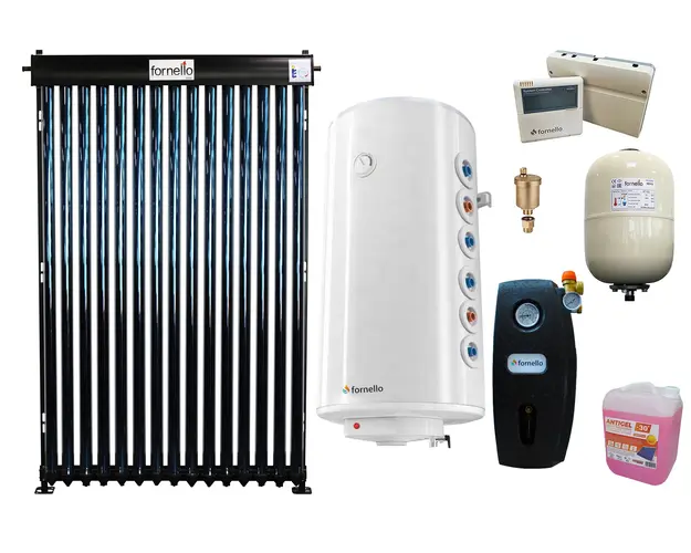 Pachet premium sistem solar presurizat, panou Fornello 15 Tuburi Heat Pipe, Boiler cu 2 serpentine Fornello Optima GCV7/4S 120, controller, vas expansiune, grup pompare, aerisitor 1/2, antigel