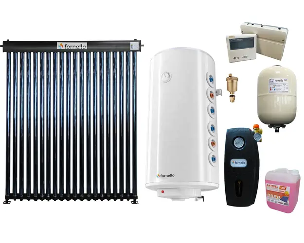 Pachet premium sistem solar presurizat, panou Fornello 20 Tuburi Heat Pipe, Boiler cu 2 serpentine Fornello Optima GCV7/4S 150 l, controller, vas expansiune, grup pompare, aerisitor 1/2, antigel