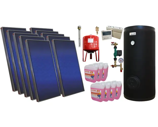 Pachet sistem solar presurizat, 10 panouri solare plane Sunsystem PК SL FP 2.0, Boiler cu 2 serpentine Fornello SOL 1000 LT 2S, controller, vas expansiune, grup pompare, aerisitor 1/2, antigel