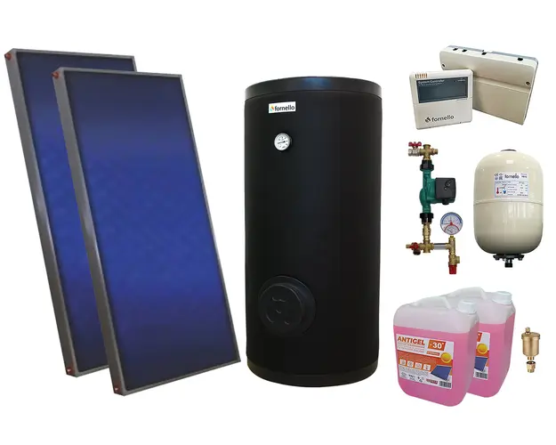 Pachet sistem solar presurizat, 2 panouri solare plane Sunsystem PК SL FP 2.0, Boiler cu 2 serpentine Fornello SOL 200 LT 2S, controller, vas expansiune, grup pompare, aerisitor 1/2, antigel 