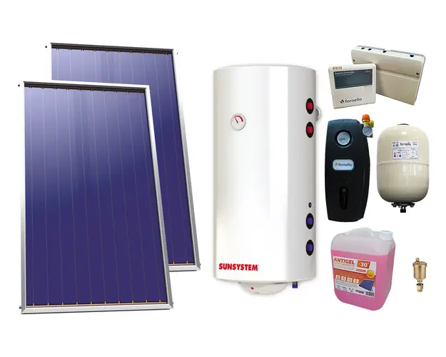 Pachet sistem solar presurizat, 2 x Panou Plan Select PK SL CL NL 2.15 m², Boiler Sunsystem BB NL2 200 PRL 3KW 2 serpentine, grup pompare, controller, vas expansiune, antigel, aerisitor 1/2