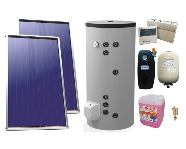 Pachet sistem solar presurizat, 2 x Panou Plan Sunsystem Select PK SL CL NL 2.15 m², Boiler termoelectric Eldom FV20060S21 doua serpentine, 3000 W, 200 l, grup pompare, controller, vas expansiune, antigel, aerisitor 1/2
