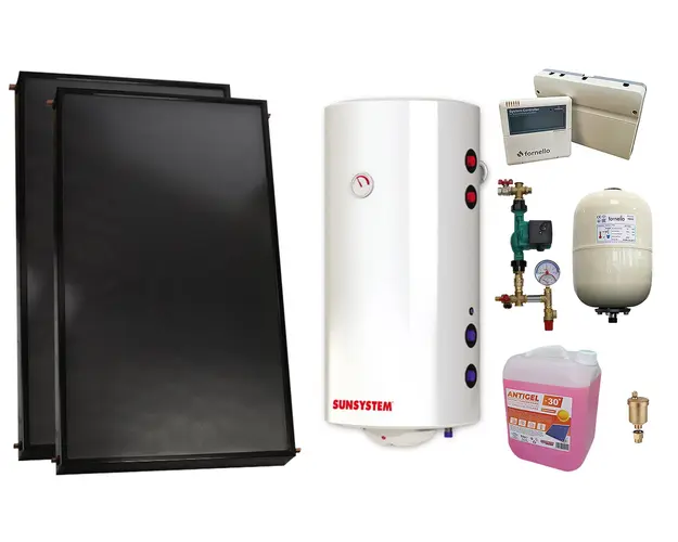 Pachet sistem solar presurizat, 2 x Panou solar plan Fornello 2.0 m² SPFP, Boiler cu 2 serpentine si rezistenta electrica Sunsystem BB NL2 150 PRL 3KW, grup pompare, controller, vas expansiune, antigel, aerisitor 1/2