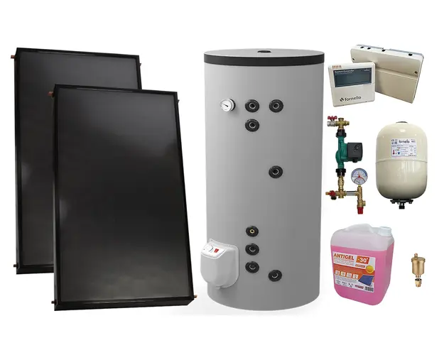 Pachet sistem solar presurizat, 2 x Panou solar plan Fornello 2.0 m² SPFP, Boiler cu 2 serpentine si rezistenta electrica Eldom FV20060S21 de 200 l, grup pompare, controller, vas expansiune, antigel, aerisitor 1