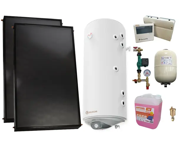 Pachet sistem solar presurizat, 2 x Panou solar plan Fornello 2.0 m² SPFP, Boiler cu 2 serpentine si rezistenta electrica Eldom WV15046S21R 150 l, grup pompare, controller, vas expansiune, antigel, aerisitor