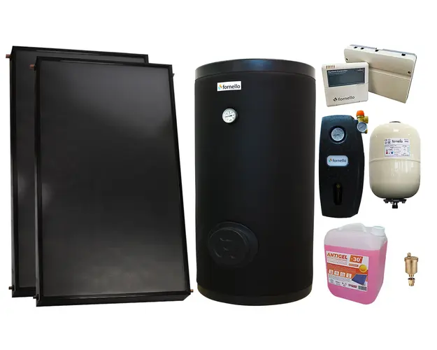 Pachet premium sistem solar presurizat, 2 x Panou solar plan Fornello 2.0 m² SPFP, Boiler cu 2 serpentine FORNELLO SOL 200 LT 2S, grup pompare, controller, vas expansiune, antigel, aerisitor 1/2