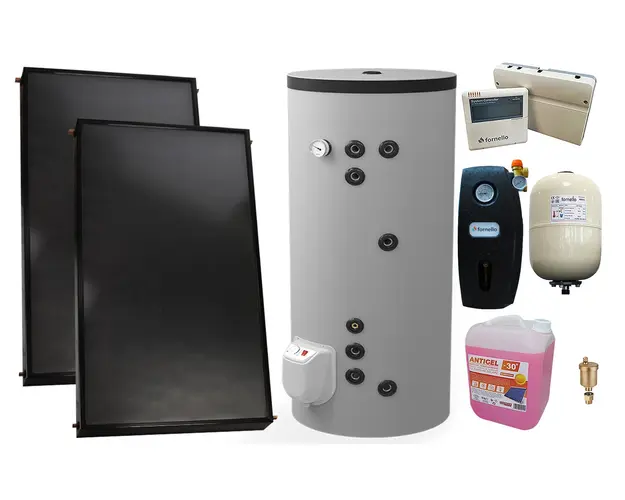 PPachet premium sistem solar presurizat, 2 x Panou solar plan Fornello 2.0 m² SPFP, Boiler cu 2 serpentine si rezistenta electrica Eldom FV20060S21 de 200 l, grup pompare, controller, vas expansiune, antigel, aerisitor 1/2