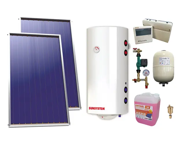 Pachet sistem solar presurizat, 2 x Panou Plan Select PK SL CL NL 2.15 m², Boiler Sunsystem BB NL2 200 PRL 3KW cu doua serpentine, grup pompare, controller, vas expansiune, antigel, aerisitor 1/2