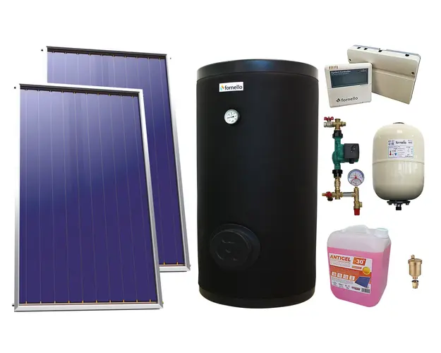 PPachet sistem solar presurizat, 2 x Panou Plan Sunsystem Select PK SL CL NL 2.15 m², Boiler cu 2 serpentine FORNELLO SOL 200 LT 2S, grup pompare, controller, vas expansiune, antigel, aerisitor 1/2