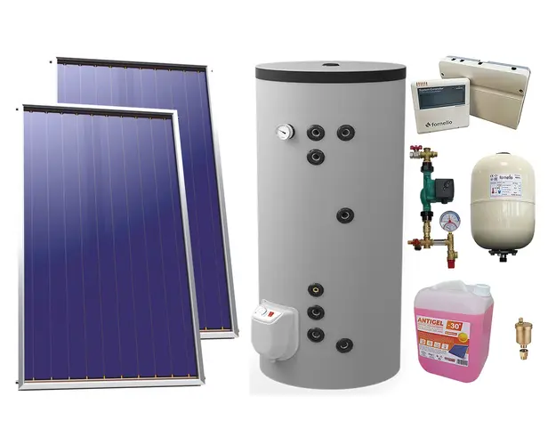 Pachet sistem solar presurizat, 2 x Panou Plan Sunsystem Select PK SL CL NL 2.15 m², Boiler termoelectric cu doua serpentine Eldom FV20060S21, 3000 W, 200 l, grup pompare, controller, vas expansiune, antigel, aerisitor 1/2