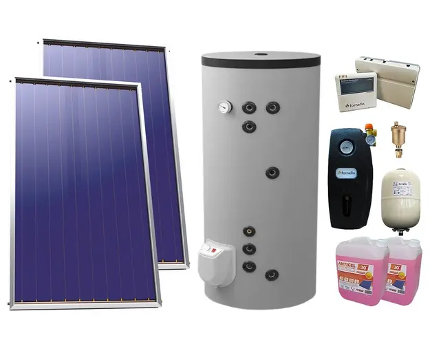 Pachet sistem solar presurizat, 2x Panou Plan Sunsystem Select PK SL CL NL 2.15 m², Boiler cu 2 serpentine Eldom FV30067S21, 9000 W, 300 l, grup pompare, controller, vas expansiune, antigel, aerisitor 1/2