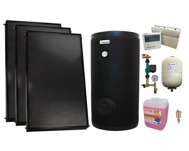 Pachet sistem solar presurizat, 3 x Panou solar plan Fornello 2.0 m² SPFP, Boiler cu 2 serpentine FORNELLO SOL 300 LT 2S, grup pompare, controller, vas expansiune, antigel, aerisitor 1/2
