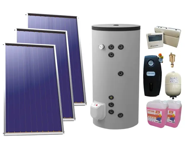 Pachet sistem solar presurizat, 3x Panou Plan Sunsystem Select PK SL CL NL 2.15 m², Boiler cu 2 serpentine Eldom FV30067S21, 9000 W, 300 l, grup pompare, controller, vas expansiune, antigel, aerisitor 1/2
