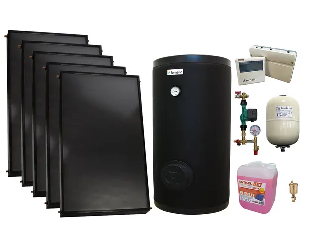 Pachet sistem solar presurizat, 5 x Panou solar plan Fornello 2.0 m² SPFP, Boiler cu 2 serpentine FORNELLO SOL 500 LT 2S, grup pompare, controller, vas expansiune, antigel, aerisitor 1/2