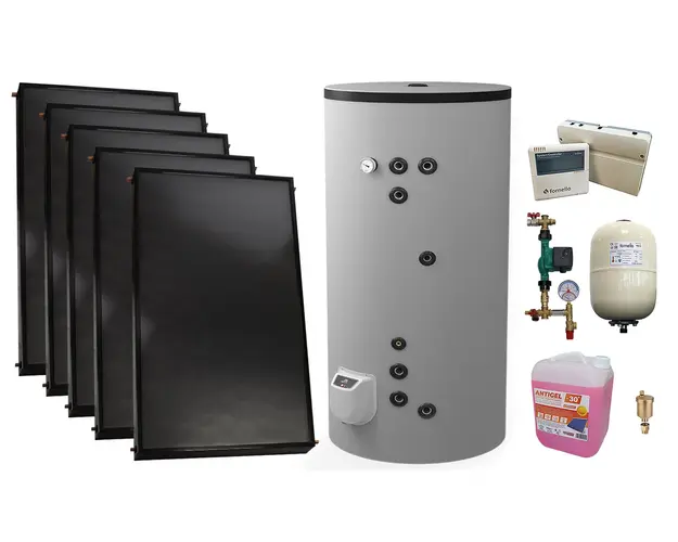 Pachet sistem solar presurizat, 5 x Panou solar plan Fornello 2.0 m² SPFP, Boiler cu 2 serpentine si rezistenta electrica FV50080S21, 9000 W, 500 l, grup pompare, controller, vas expansiune, antigel, aerisitor 1/2