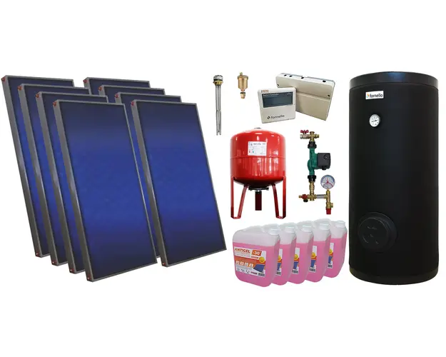 Pachet sistem solar presurizat, 8 panouri solare plane Sunsystem PК SL FP 2.0, Boiler cu 2 serpentine Fornello SOL 800 LT 2S, controller, vas expansiune, grup pompare, aerisitor 1/2, antigel