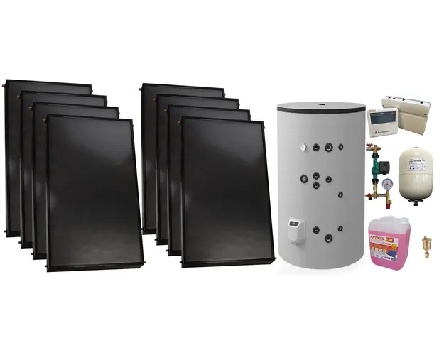 Pachet sistem solar presurizat, 8 x Panou solar plan Fornello 2.0 m² SPFP, Boiler solar cu 2 serpentine si rezistenta electrica ELDOM FV75011S2 - 750 l, grup pompare, controller, vas expansiune, antigel, aerisitor 1/2