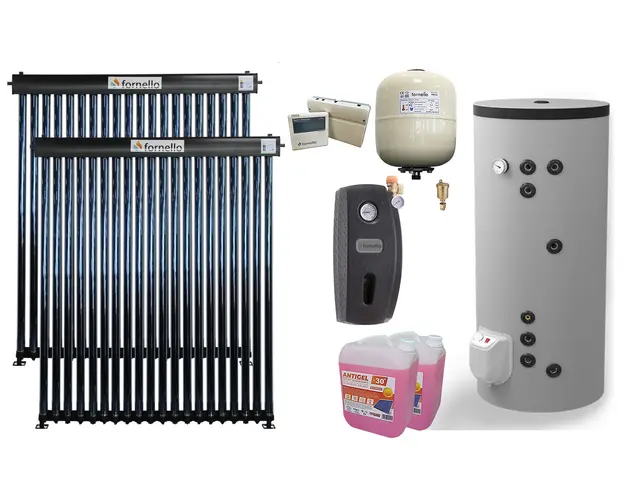 Pachet sistem solar presurizat Fornello 40 Tuburi Heat Pipe, Boiler cu 2 serpentine Eldom FV30067S21, 9000 W, 300 l, controller, vas expansiune, grup pompare, aerisitor 1/2, antigel