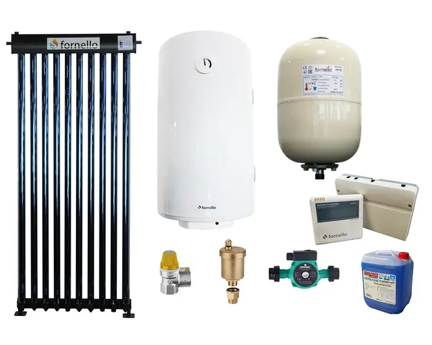 Pachet Sistem solar presurizat, panou Fornello 10 Tuburi Heat Pipe, Boiler termoelectric cu o serpentina Fornello Optima GCVS 100 litri, pompa 25-60, controller, vas expansiune, antigel, supapa 1/2, aerisitor 1/2