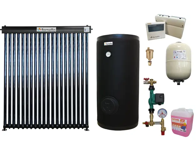 Pachet sistem solar presurizat, panou Fornello 20 Tuburi Heat Pipe, Boiler Fornello SOL 200 LT 2S, controller, vas expansiune, grup pompare, aerisitor 1/2, antigel